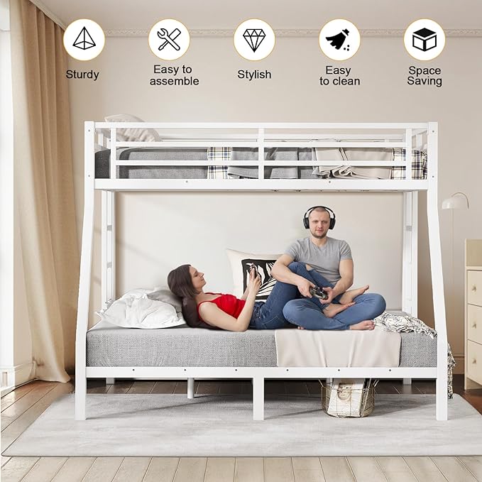 Twin Over Full Bunk Bed, Metal Bunk Bed Frame Heavy Duty Bunk Beds Loft Bed Frame with Ladder and Guardrail Metal Slats No Box Spring Required for Adults Teens, White