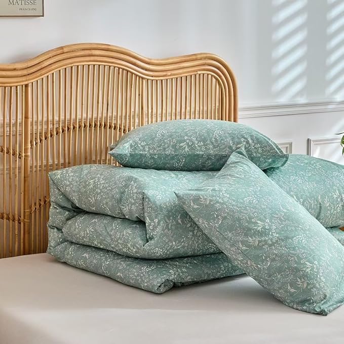 MKXI Vintage Style Comforter Set King Size Wildflower Comforter Set Floral Bedding Set Green Floral Duvet Comforter Microfiber Bed Set Soft Reversible Design Farmhouse Comforter