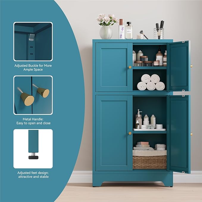 Bathroom Floor Storage Cabinet, Freestanding Accent Cabinets with 4 Doors and 2 Adjustable Shelves,Blue Metal Locker Cabinets for Restroom, Kitchen,Living Room,Hallway