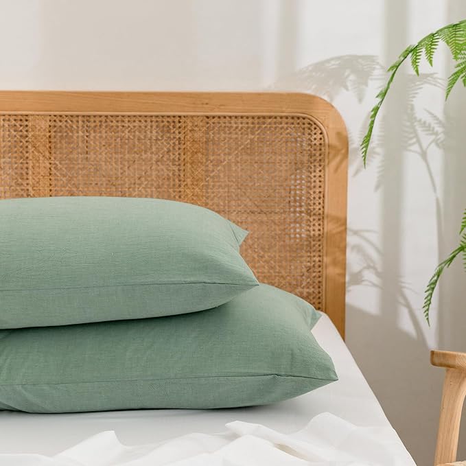 BESTOUCH 100% Washed Cotton Pillowcase for Hair and Skin Linen Feel Soft Comfortable Breathable 2 Set Pillow Case with Envelope Closure Solid Green Standard 20x26 Inches