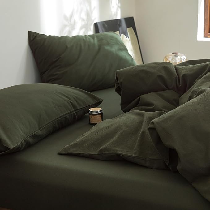 FOSSA Duvet Cover Set 100% Washed Cotton Linen Feel Super Soft Breathable Cozy 3 Pieces Bedding Sets Solid Olive Green Full/Double