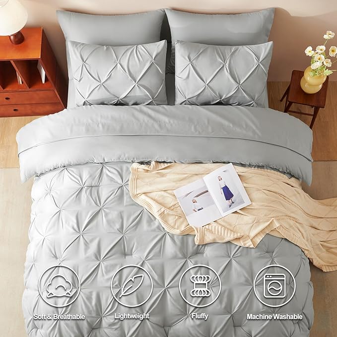 CozyLux California King Comforter Set Light Grey - 7 Pieces Cal King Pintuck Bed in A Bag Gift for Family, Pinch Pleat Bedding Sets with All Season Comforter, Sheets, Pillowcases & Shams