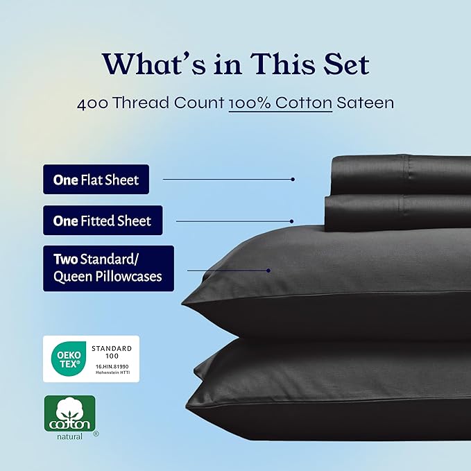 California Design Den Natural 100% Cotton Sheets, Soft Queen Sheet Set, 400 Thread Count Sateen, Deep Pockets with All-Around Elastic for a Snug Fit, Durable Bedding Set - Black