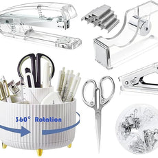 Desk Organizers and Accessories Set with 360-Degree Rotating Pen Holder, Acrylic Stapler, Tape Holder, Staple Remover, Binder/Paper Clips Kit, Scissor and 1 Box of Staples
