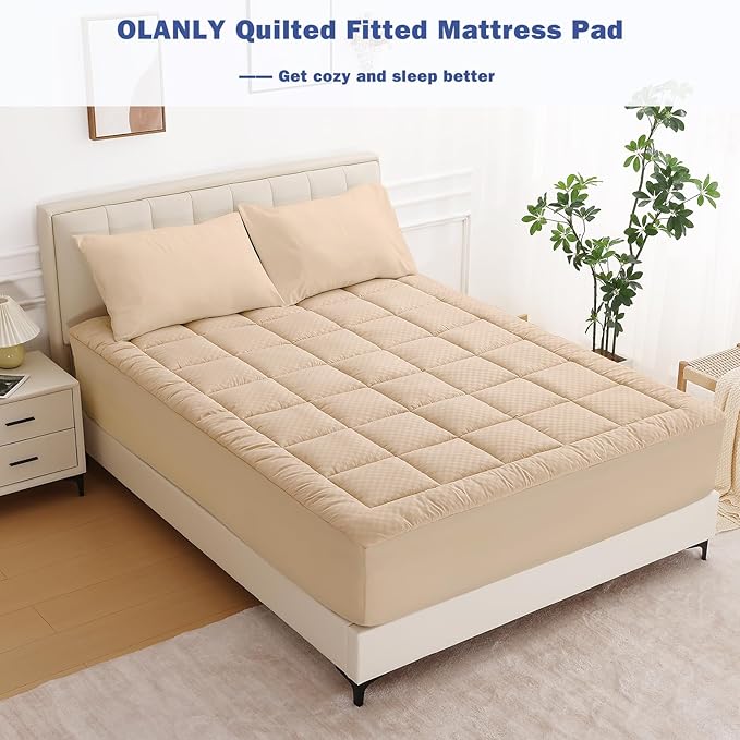 OLANLY California King Quilted Fitted Mattress Pad – Soft Pillow Top Mattress Topper, Down Alternative Fill, Cooling Breathable Mattress Cover, Machine Washable Deep Pocket Mattress Protector, Beige