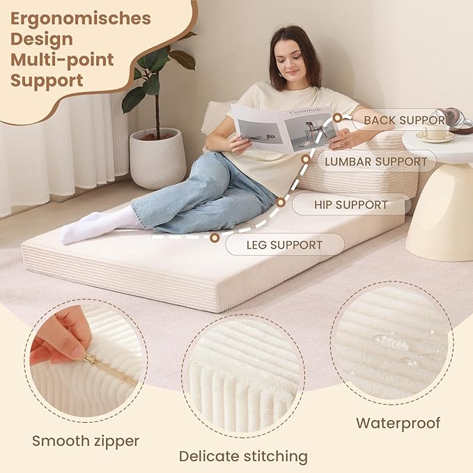Folding Sofa Bed, Convertible Sleeper Chair with Pilow Foldable Matress, 2 in 1 Pull Out Loveseat Sofa Portable Fold Out Chair Bed Floor Couch Lounge for Living Room Bedroom (Beige, Full)