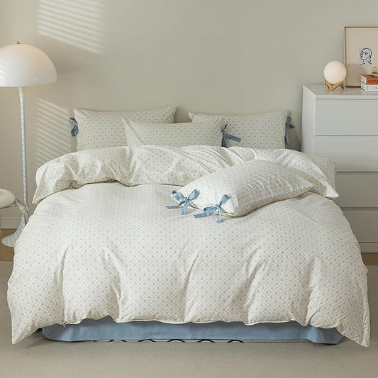 Blue Floral Duvet Cover King Teen Girls Cottagecore Bedding Set King 3 Pieces Soft Cotton Peach Flowers Coquette Comforter Cover with Bow Ties Pillowcases,Vintage Country Bedding Sets