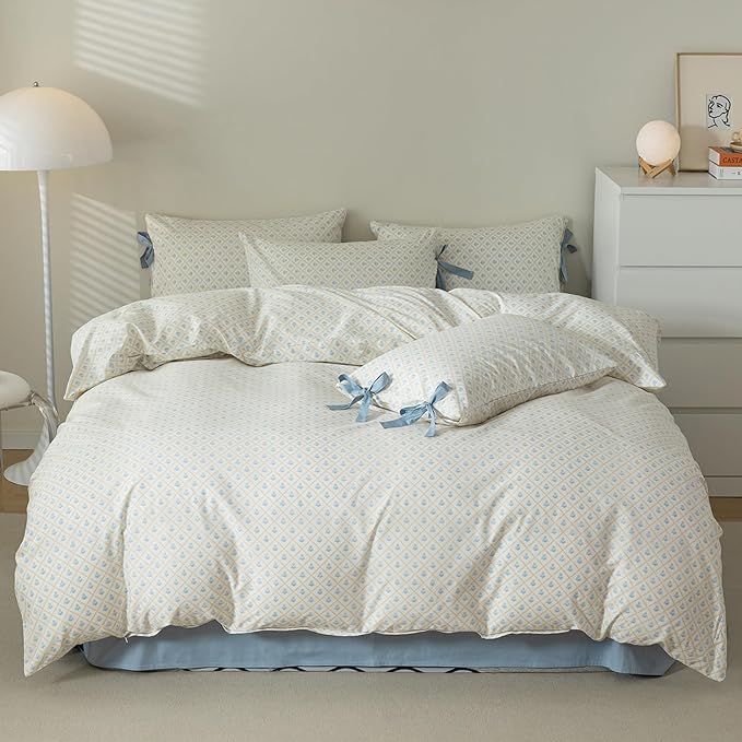 Blue Floral Duvet Cover Queen Teen Girls Cottagecore Coquette Bedding Set Queen 3 Pieces Soft Cotton Peach Flowers Comforter Cover with Bow Ties Pillowcases,Vintage Country Bedding Sets for Queen Bed