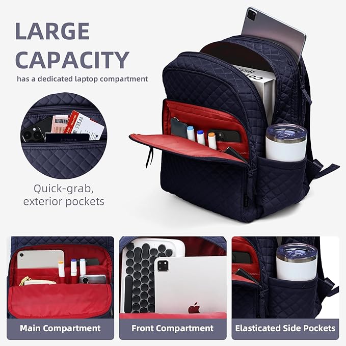 Backpack for Women,College Backpack,Quilted Casual Daypack,Waterproof Bookbag for 17Inch Laptop