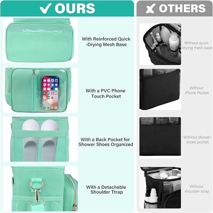 Portable Shower Caddy Bag College, Quickly Dry Toiletry Mesh Tote Bag for Dorm Room Essentials, Hanging Bathroom Organizer for Travel, Gym, Camping (Mint Green)