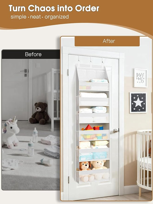 Criusia Over the Door Organizer, Heavy-Duty 6-Shelf Hanging Storage with 13 Mesh Pockets, 55lbs Capacity Behind the Door Storage for Nursery, Bathroom, Bedroom, and Dorm, White