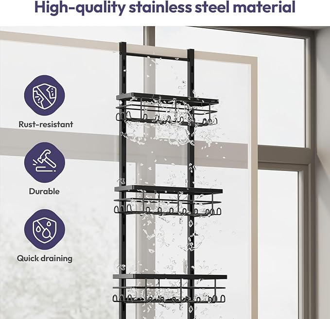 SWTYMIKI Over The Door Shower Caddy - 4 Tier Rustproof Hanging Shower Organizer with Adjustable Shelves, 40 Hooks & Soap Holder, Hanging Shower Rack Storage for Bathroom Accessories, Black