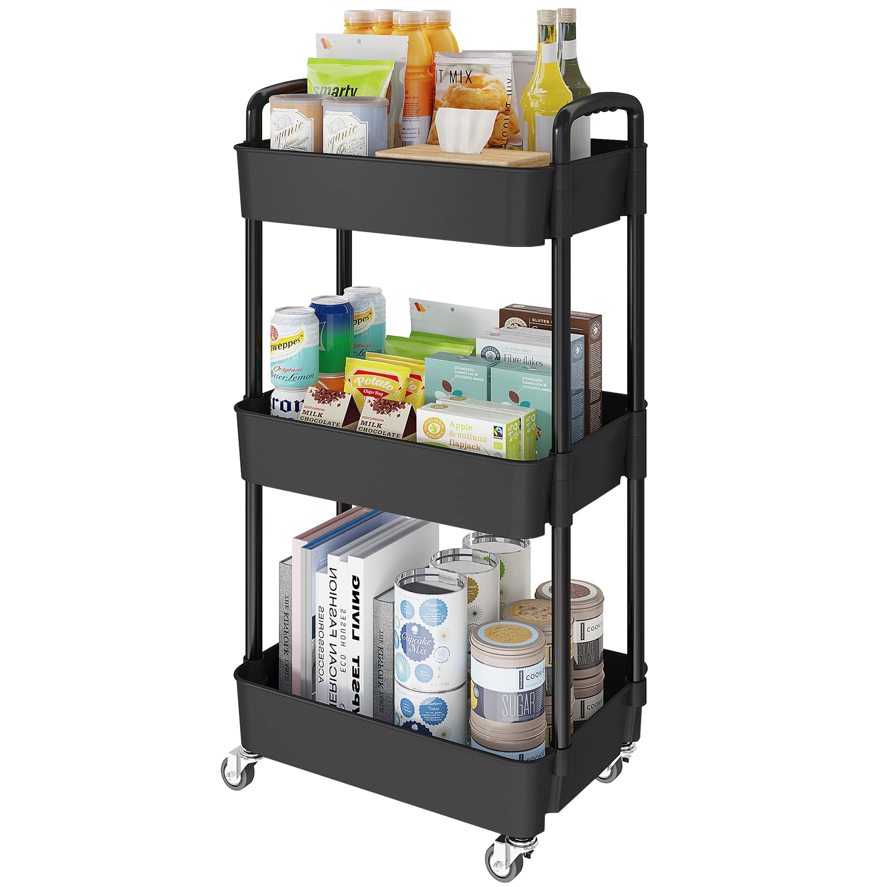 Laiensia 3-Tier Rolling Cart with Wheels,Multifunction Utility Storage Carts, Kitchen Storage Organizer,Mobile Shelving Unit for Bathroom,Laundry,with Classified Stickers,White