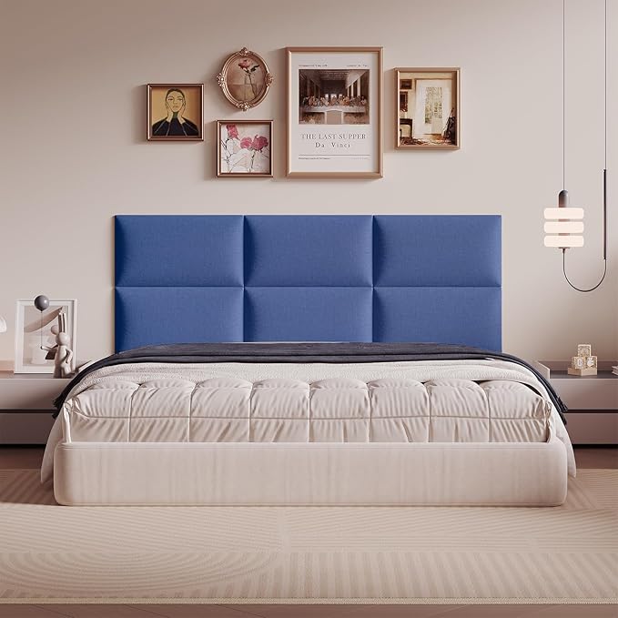 12-Piece Light Blue Linen Upholstered Headboard King Size, Wall Mounted Panels Set, Coastal Fabric Headboard & Wall Decor for Master Bedroom