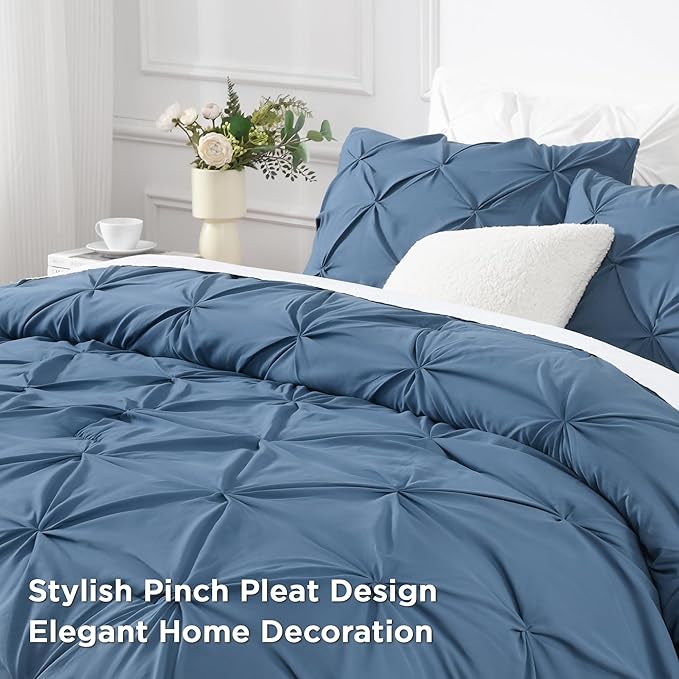 Andency California King Comforter Set Ocean Blue (104x96Inch), Pinch Pleat Cal King Comforter Set 3 Pieces, Oversized King Pintuck Bed Comforter, Microfiber Down Alternative Comforter Bedding Set