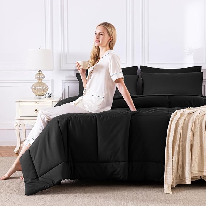 CozyLux Oversized Queen Comforter Sets Black, 7 Pieces Bed in a Bag, Ultra-Soft All Season Bedding Sets with Stitch Quilted Comforter, Flat Sheet, Fitted Sheet, Pillowcases, Black
