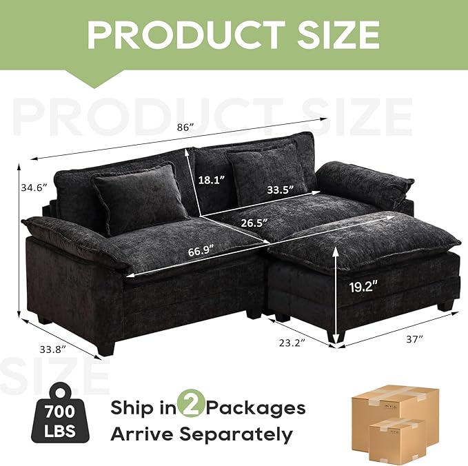 86" Modular Sectional Sofa, Comfy Cloud Couch Sectional Sofa with Ottoman, Chenille Sofa Sleeper Deep Seat Sofa with Throw Pillows for Living Room (Black, 86"- L Shape)