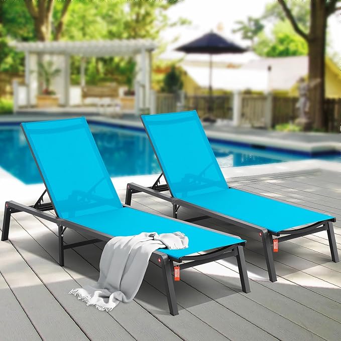 VEVOR 2 Pcs Chaise Lounge Chairs Outdoor, Aluminum Patio Lounge Chair with Adjustable 5-Position, Folding Pool Chairs Recliner and Full Flat Tanning Chair for Patio, Beach, Pool, Blue, 2 pcs