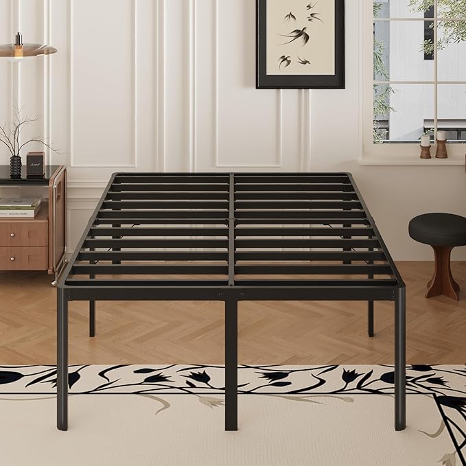 24 Inch High Queen Bed Frame Rounded Corner No Box Spring Needed, Heavy Duty Metal Queen Size Platform Bed Frame, Easy Assembly, Noise Free, Black