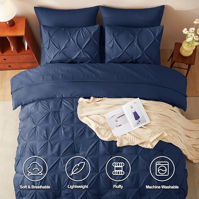 CozyLux Twin Comforter Set with Sheets Navy Blue, 5 Pieces Pintuck Bed in A Bag, Twin Bed Set Gift for Family, Pinch Pleat Bedding Set with Comforter, Sheets, Pillowcase & Sham