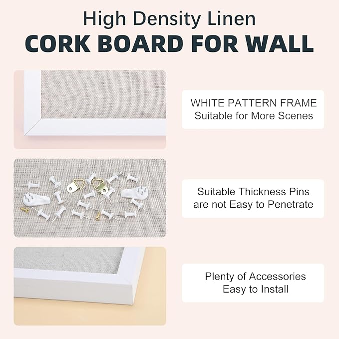 OWLKELA 17"x23" inch Linen Cork Board, White Frame, with 20 Pushpins, Bulletin Board with Linen, Ideal for School, Home & Office