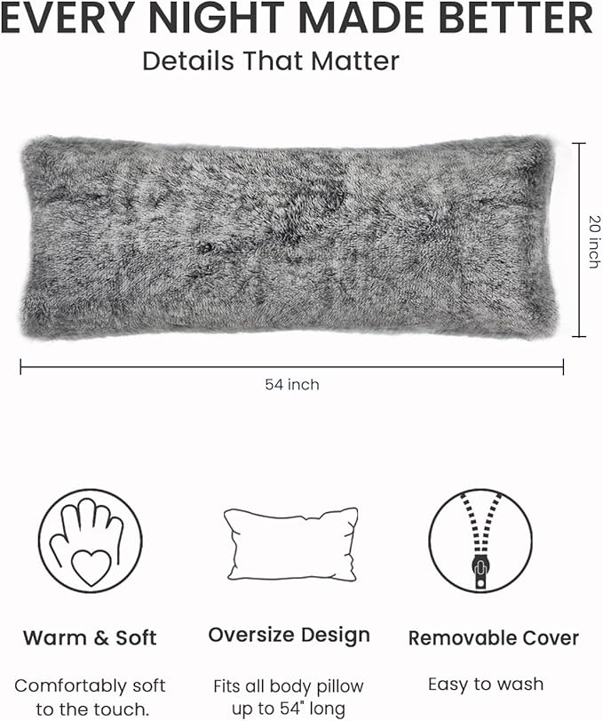 ZonLi Fuzzy Body Pillow Cover, 20"x 54" Furry Body Pillow Pillowcase, Faux Fur Long Pillow Cover with Zipper, Fluffy Soft Plush Decorative Pillow Cases for Bedroom (Grey)