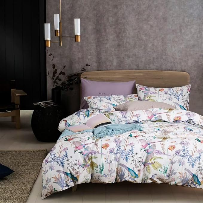 MKXI Purple Comforter Set Twin Size Microfiber Quilt with 2 Pillowcases Soft Comforter 68"x90" Birds and Floral Pattern Botanical Comforters