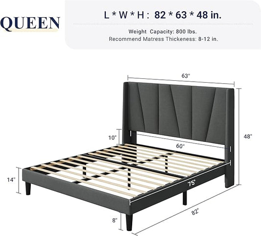 Allewie Queen Size Platform Bed Frame with Geometric Wingback Headboard, Boho Upholstered Bed with Wooden Slats Support, No Box Spring Needed, Easy Assembly, Dark Grey