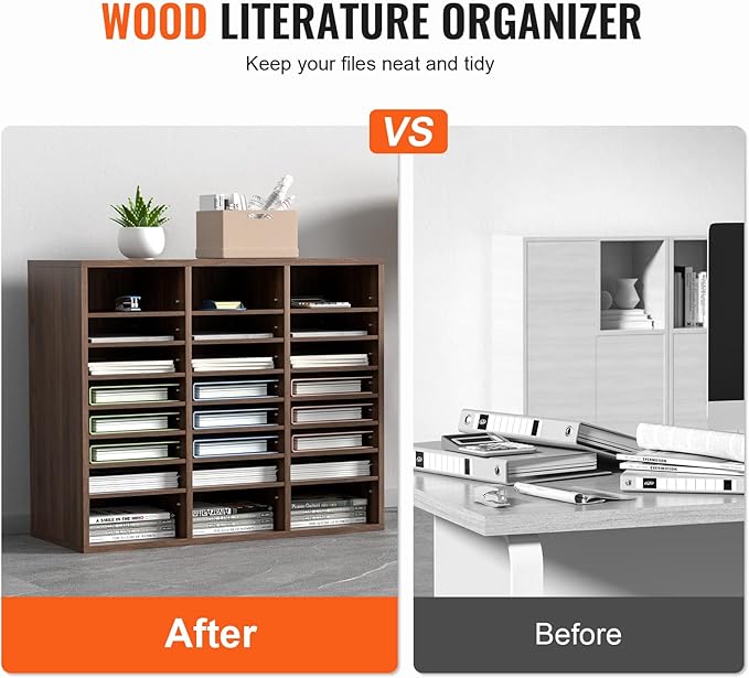 VEVOR 24-Compartment Office Mailbox, Adjustable Shelves, Wood Literature Sorter 29x12x24.4 inches – Ideal for Office, Home, Classroom, Mailrooms Organization – EPA Certified (Brown)