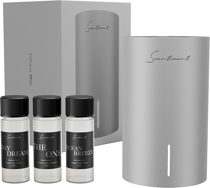 Scentiment Mini V2 LE Diffuser Discovery Kit Limited Edition – Smart Portable Cold-Air Diffuser with Wi-Fi & Touch Controls, Long Battery Life – Includes 3 Luxury Oils (20ml) - Silver