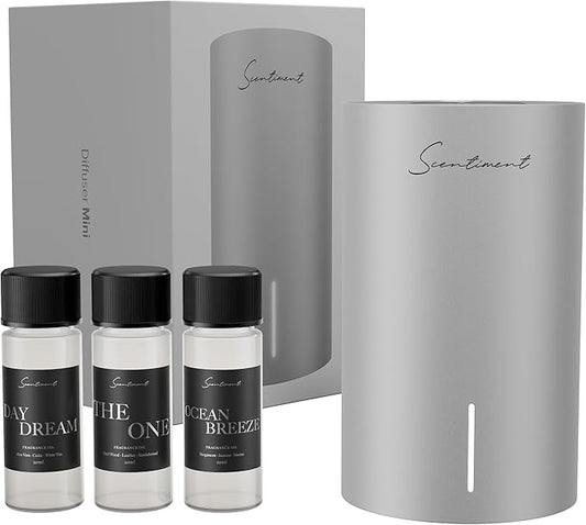 Scentiment Mini V2 LE Diffuser Discovery Kit Limited Edition – Smart Portable Cold-Air Diffuser with Wi-Fi & Touch Controls, Long Battery Life – Includes 3 Luxury Oils (20ml) - Silver