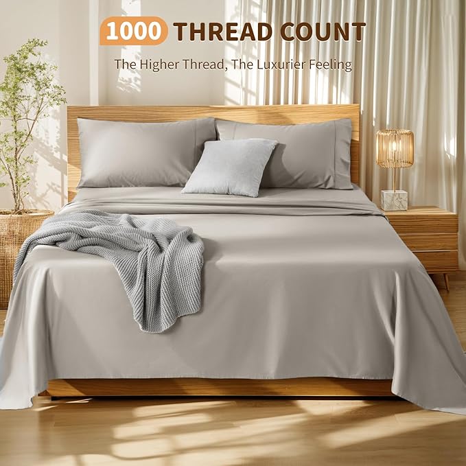 LBRO2M 100% Cotton Sheets Set Deep Pocket 19", 1000 Thread Count Queen Size 4 Piece Bed Sheet Sets Soft Comfortable Bedding All Season (Queen, Taupe) LBRO2MBedding