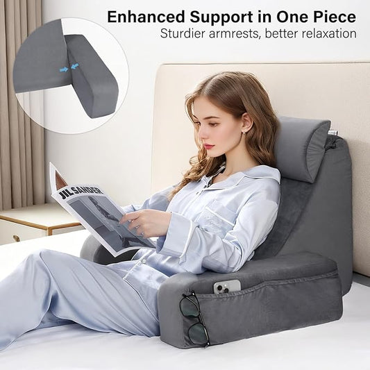 ENITYA 19" Back Support Pillow,Reading Pillow with Built-in Arms & Large Pockets, Removable Washable Cover, Wedge for Sitting,Reclining,Watching TV,Post Surgery in Bed,Couch or Floor,Medium Firm,Grey