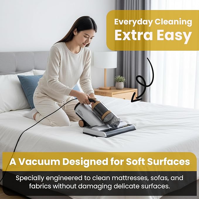 Mattress Vacuum BED CLEANER with UV-C LIGHT, 14kPa Suction, DUAL FILTERS & Dual Rollers, Furniture Handheld Vacuum Cleaner Dust Sensor, CORDED HANDHELD VACUUM for SOFA, Fabric & PET HAIR