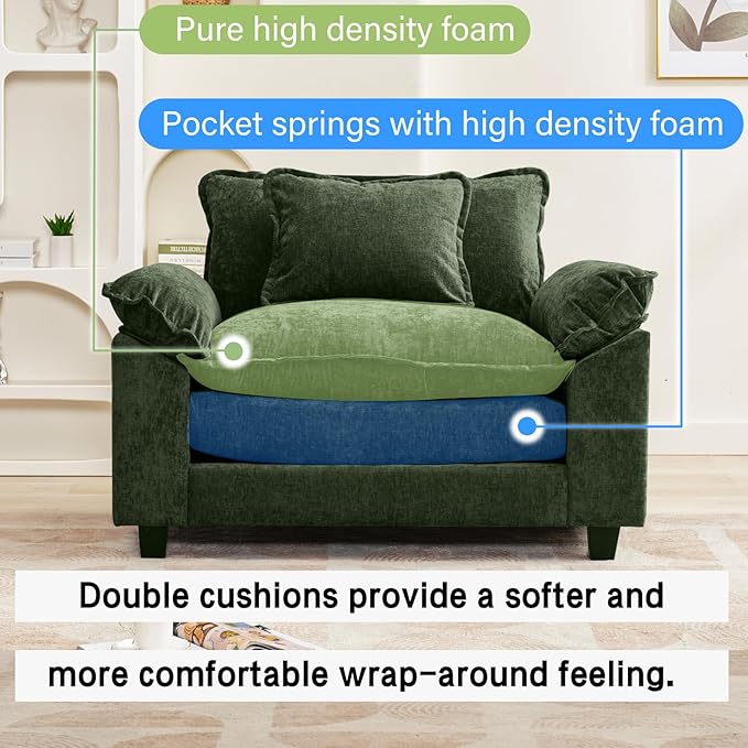 Modular Sectional Sofa, Comfy Cloud Couch Sectional Sofa, Chenille Sofa Sleeper Deep Seat Sofa with Throw Pillows for Living Room (Green, 53"- Single Seat)