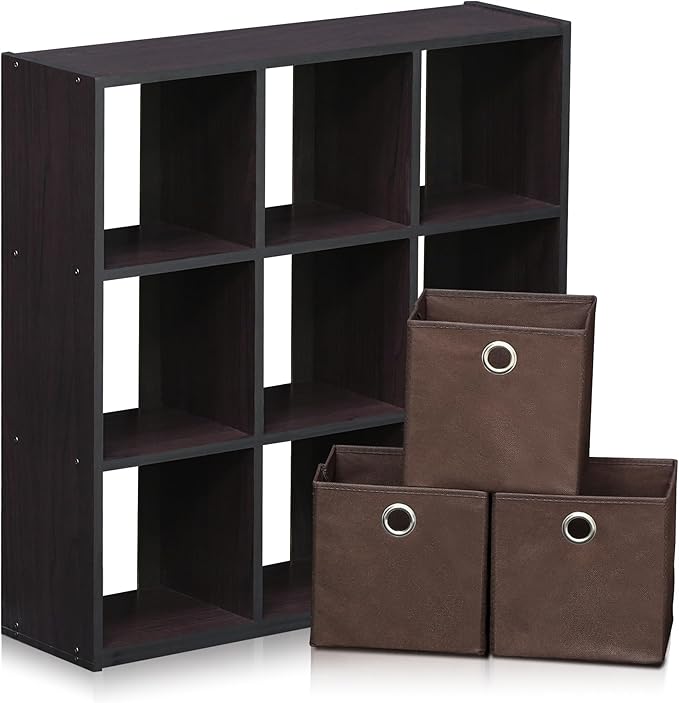 Furinno Simplistic 9-Cube Organizer with Bins, Small Size (Assembled Unit Dimensions : 7.9"D x 26.5"W x 26.7"H Inches), Dark Walnut