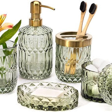 EMPO 6PCS Bathroom Clear Glass Accessories Set (Lotion Soap Dispenser, Soap Dish, Toothbrush Holder, Tumbler, Cotton Swab Jar), Contemporary Modern Decor Crystal Vintage Gift (6pcs Green)