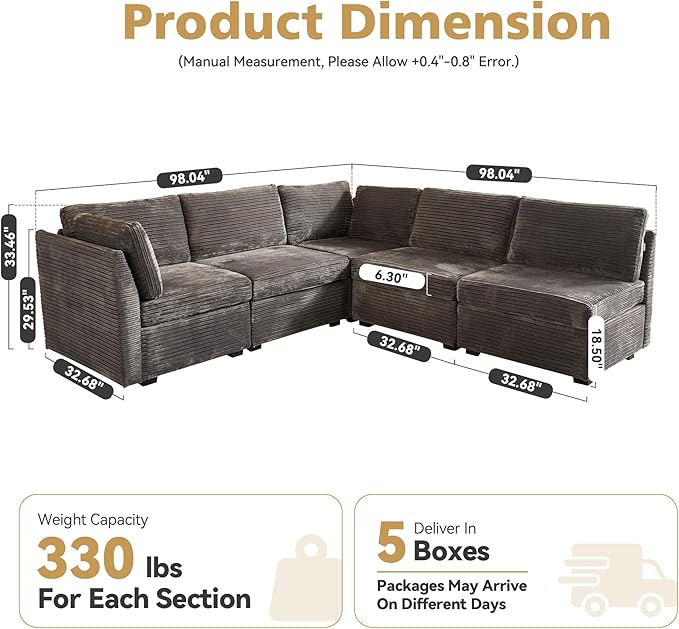 Modular Sectional Sofa,5 Pieces Sectional Couches for Living Room,131X65 L Shaped Cloud Couch with Oversized Convertible Modular Couch for Living Room