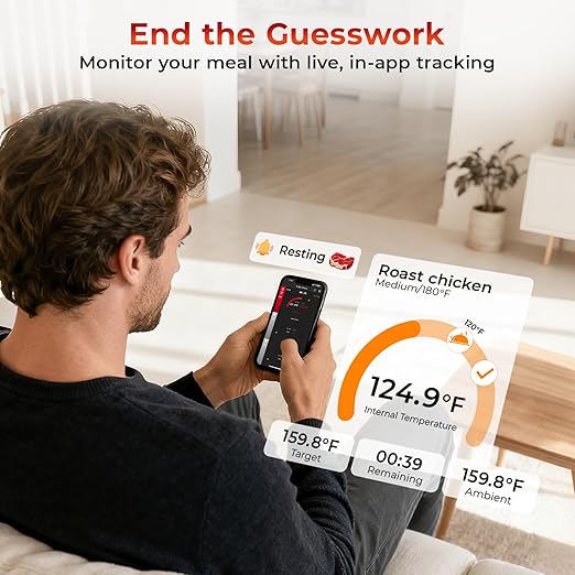 LNN Smart Bluetooth Wireless Meat Thermometer with Probe | Long Range Digital Thermometer for BBQ, Grill, Oven & Smoker | Waterproof, Real-Time Monitoring | for Steak, Chicken, Turkey, Kitchen