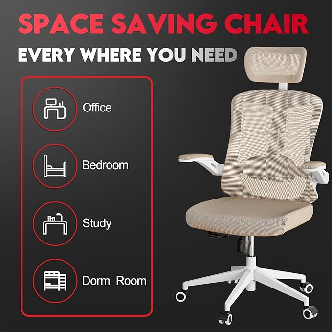 Ergonomic Office Chair - 400LB Comfy Desk Chairs with Adjustable Headrest and Lumbar Back Support, Mesh Computer Chairs with Wheels and Arms for Home Office, Study (669khaki-With Headrest)