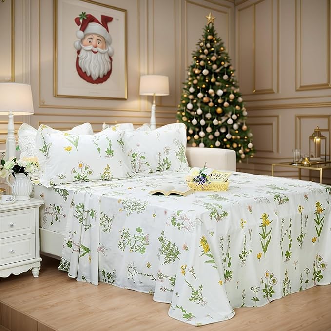 FADFAY 100% Cotton Bed Sheet Set 4-Piece Green Floral Sheet Set 1 Flat Sheet,1 Fitted Sheet and 2 Pillow Cases, Soft Comfortable Bedding Set - Twin Extra Long (Twin XL)