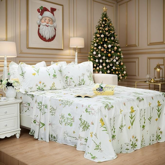 FADFAY 100% Cotton Bed Sheet Set 4-Piece Green Floral Sheet Set 1 Flat Sheet,1 Fitted Sheet and 2 Pillow Cases, Soft Comfortable Bedding Set - Twin Extra Long (Twin XL)