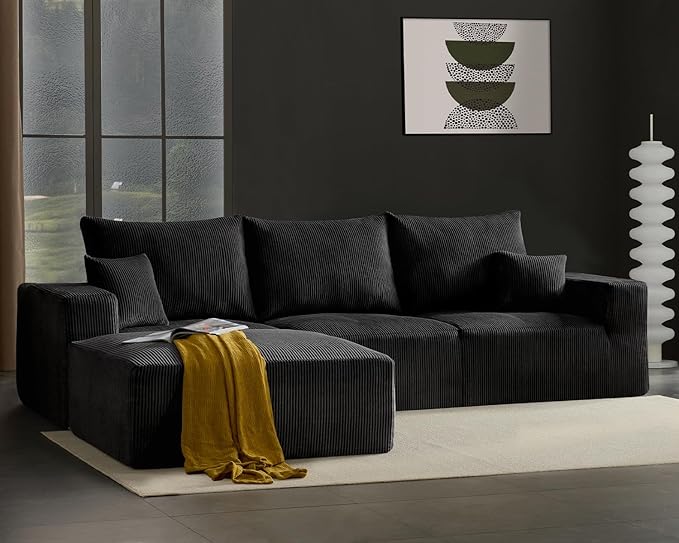 40" Square Stuffed Ottoman Pouf for Sofa Couch, Corduroy Poufs with Foam Chunk Filling, Furry & Fluffy Foot Stool Movable Ottoman. 40 * 40 Floor Poufs Foot Rest for Living Room, Black