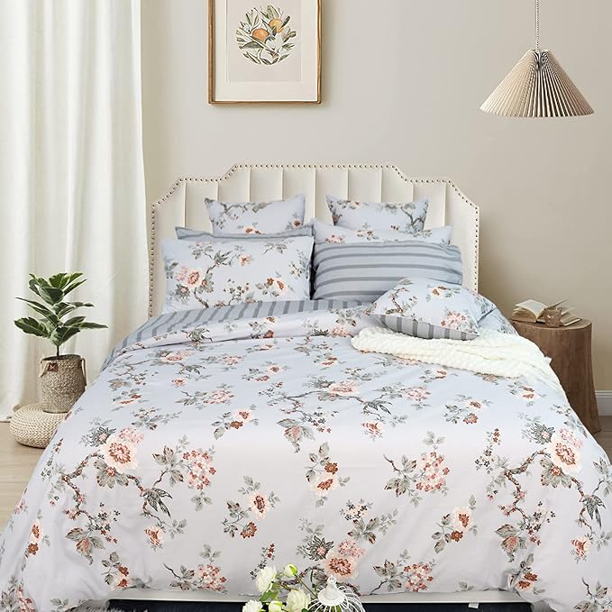 FADFAY Duvet Cover Set Full Elegant Floral Bedding Shabby Grey Bird Print Flower Quilt Cover Set Vintage Farmhouse Bedding 100% Cotton Soft Comforter Cover Set with Zipper Closure 3Pcs, Full Size