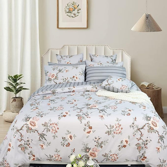 FADFAY Duvet Cover Set Elegant Floral Bedding Shabby Grey Bird Flower Quilt Cover Set Vintage Farmhouse Bedding 100% Cotton Comforter Cover Set with Zipper Closure 3Pcs, King/California King Size