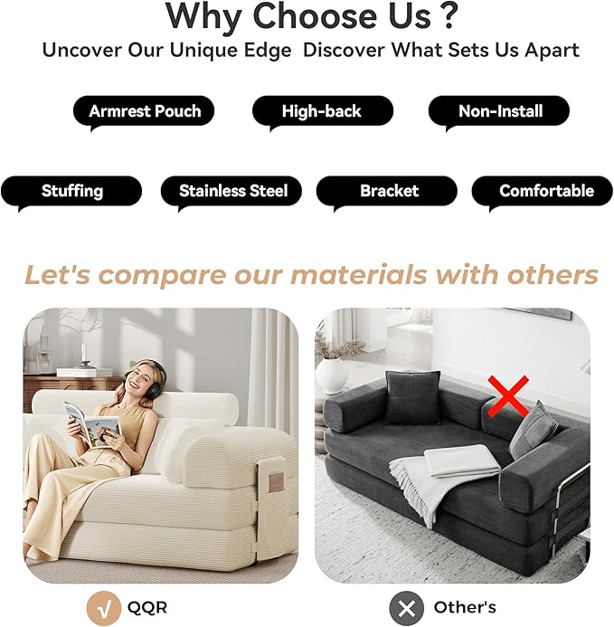 Upgrade High Backrest Design Sofa Bed with Fixed-Shape Frame & Removable Armrests and Backrest, Corduroy Fabric, Convertible Mattress Couch for Small Spaces - No Assembly Neede (High Backrest Beige)