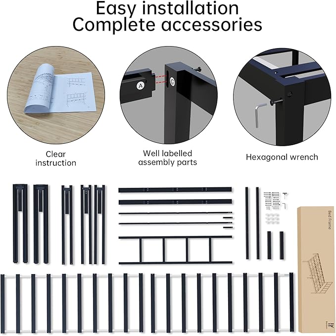 14 Inch Bamboo Bed Frame – Solid Wood Platform Bed Frame, Strong and Stable, with Non-Slip Slats for Support, No Box Spring Needed, Easy to Assemble, Noise-Free (Black, Full with Headboard)