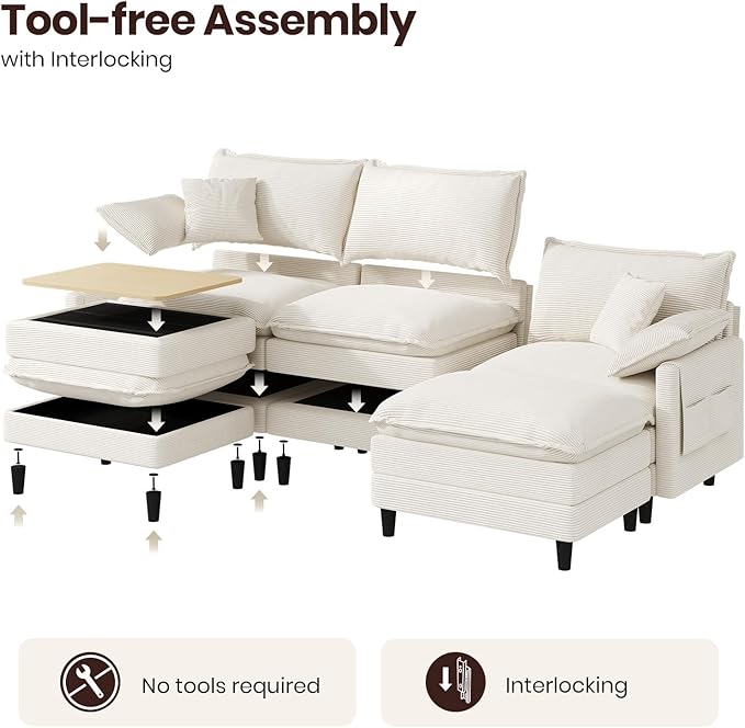 108" U Shaped Modular Sectional Cloud Couch with Two Ottoman, Snap-on Easy Installation 5-Piece Deep Seat Sofas with Storage Bag and Coffee Table for Living Room, Corduroy, Beige