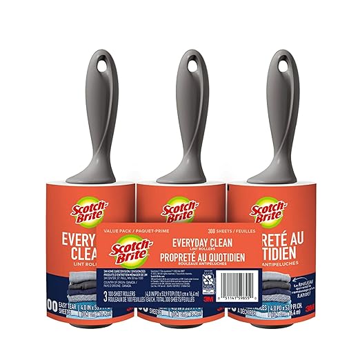 Scotch-Brite Everyday Clean Lint Roller, 3 Pack, Lint Remover for Pet Hair, Dark Clothes, Furniture, and Dusty Surfaces, Picks Up Fur & Fluff in Your Home, Car & Office, 300 Adhesive Sheets Total