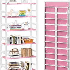4NM No Assembly 6 Tiers Folding Bookshelf Storage Shelves Vintage Bookcase Standing Racks Study Organizer Home Office (Pink White)